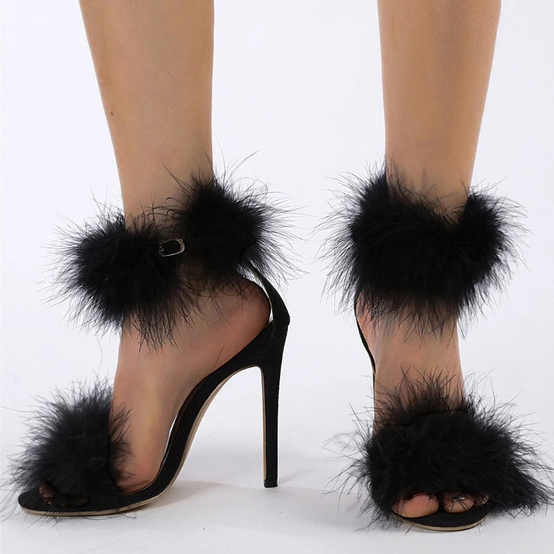 Summer Fashion Faux Fur Ankle Strap Sandals Women