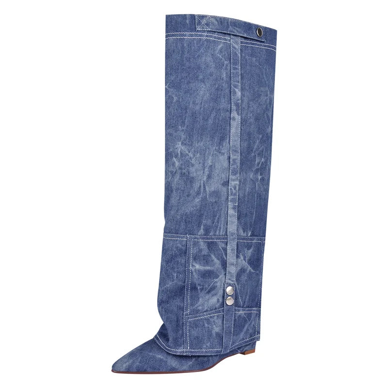 Women Denim Pointed Toe Wedge Heel Fold Over Boots Shark Lock Pants Boots