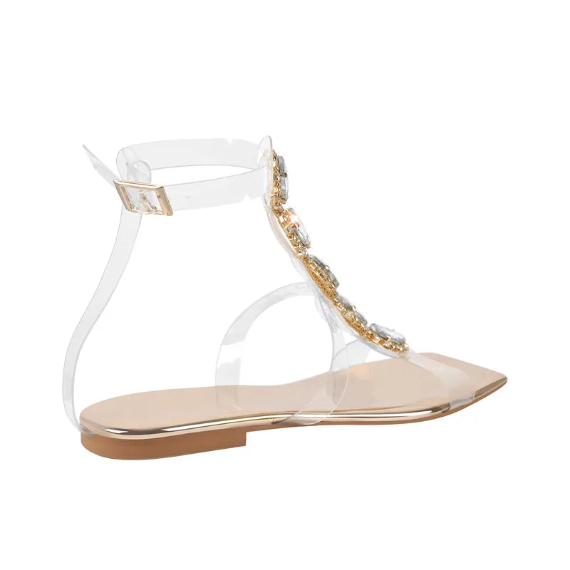 Women Square Toe Rhinestone T-Strap  Flat Sandals Casual PVC Summer Sandals