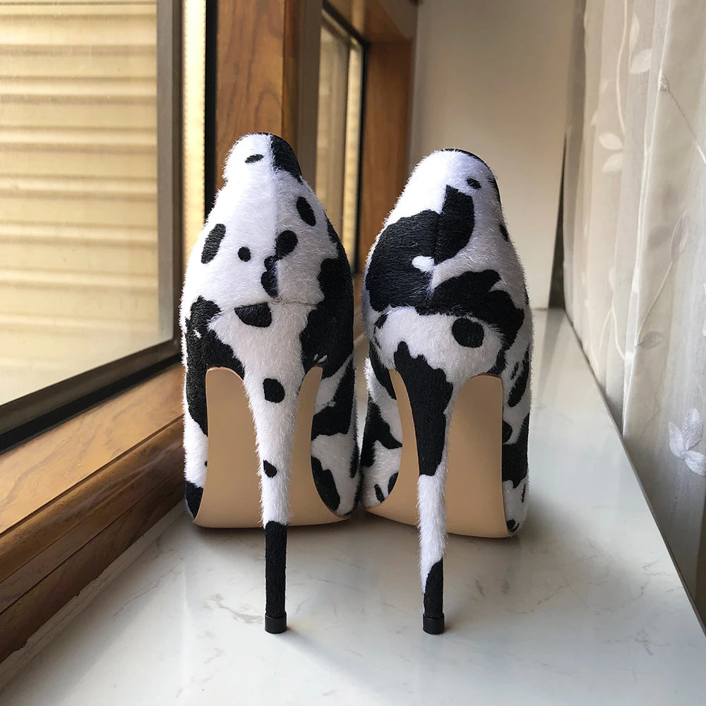 Cow Print Women White Hairy Flock Pointy Toe High Heel Shoes