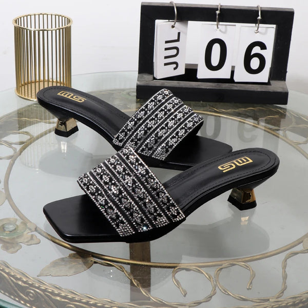 Fashion wear luxurious outside high heels rhinestone square toe black sandals with heel 4CM