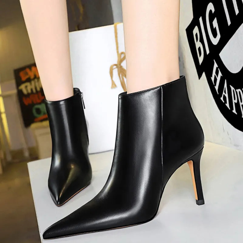 Fashion New Women Ankle Boots Quality Leather Boots Pointed Stilettos High Heel Boots