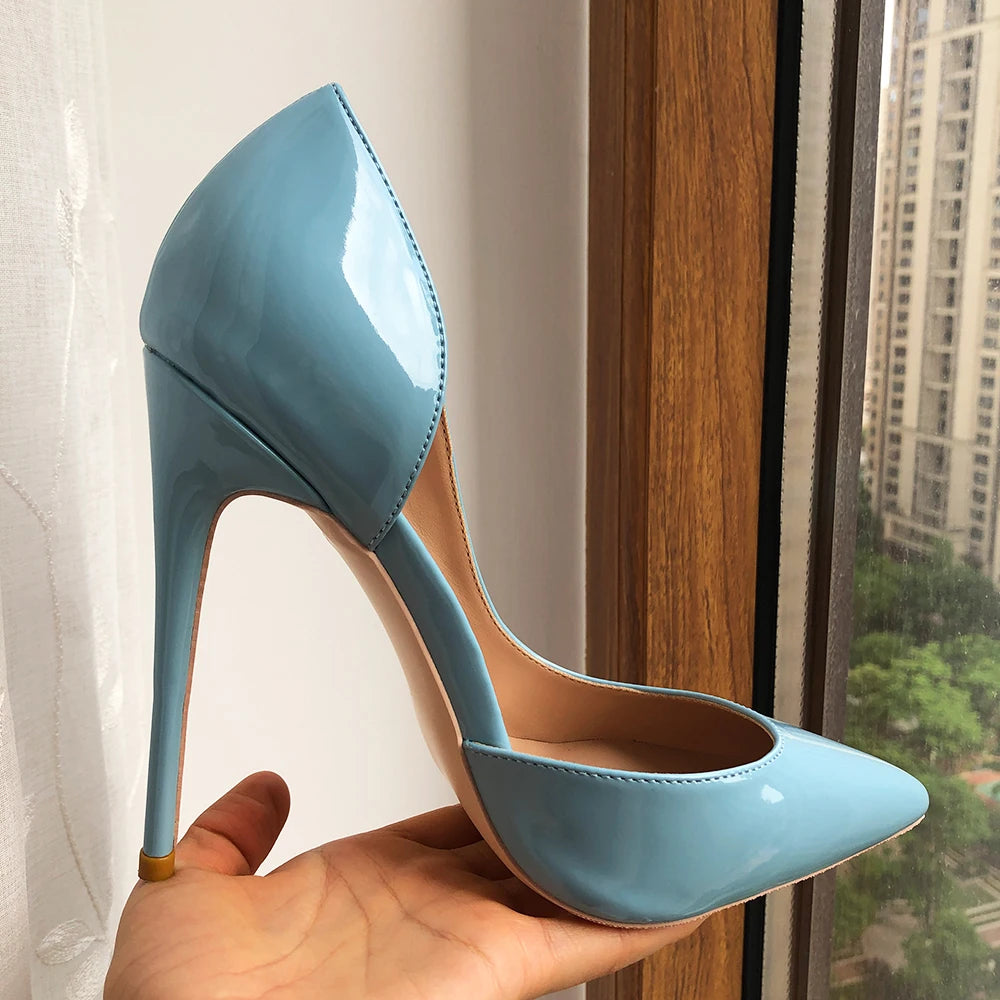 Light Blue Women Patent D'Orsay Side Cut Pointy Toe High Heel Shoes