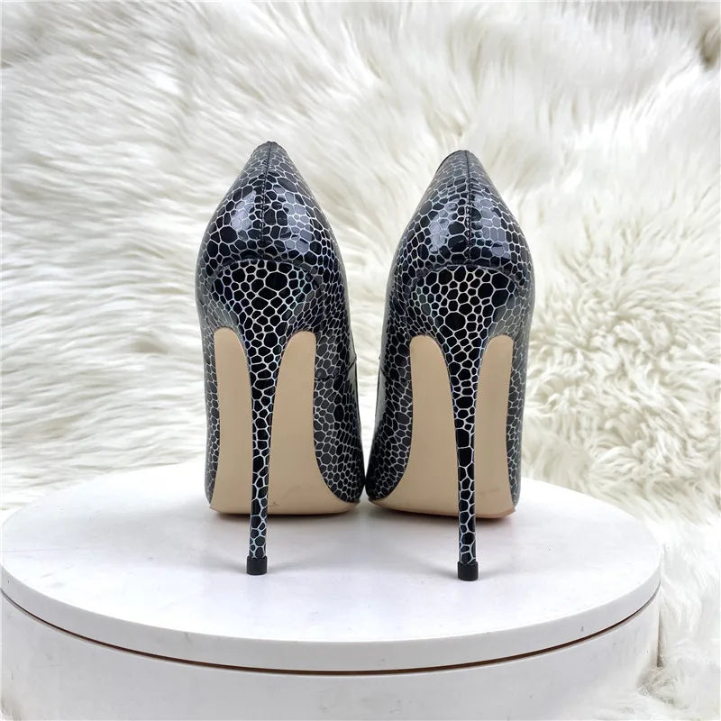 Geometry Pattern Print Women Black Patent Pointy Toe High Heel Celebrity Party Shoes