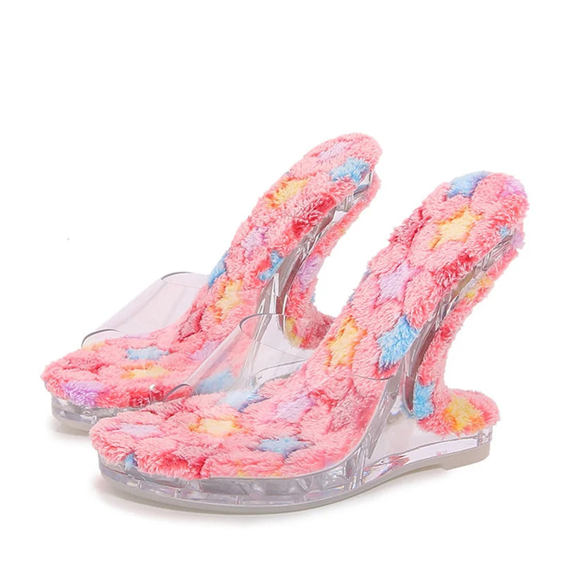 PVC Transparent Slippers For Women Short Plush Insoles Summer Sandals