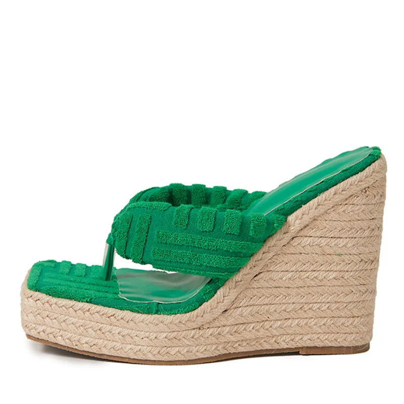 Green Corduroy Narrow Band 13.5CM Wedges Heels Slippers