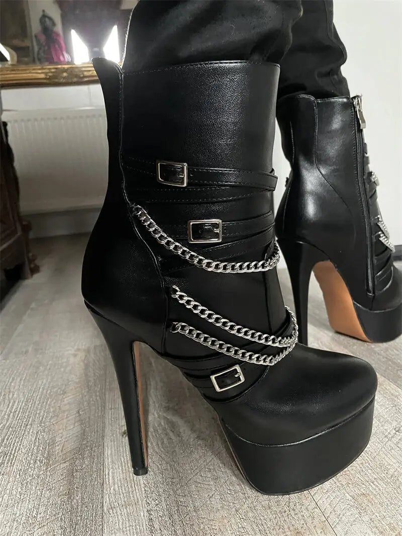 Platform  Ankle Boots Black Matte Side Zipper  Big Size Stilettos Winter Booties