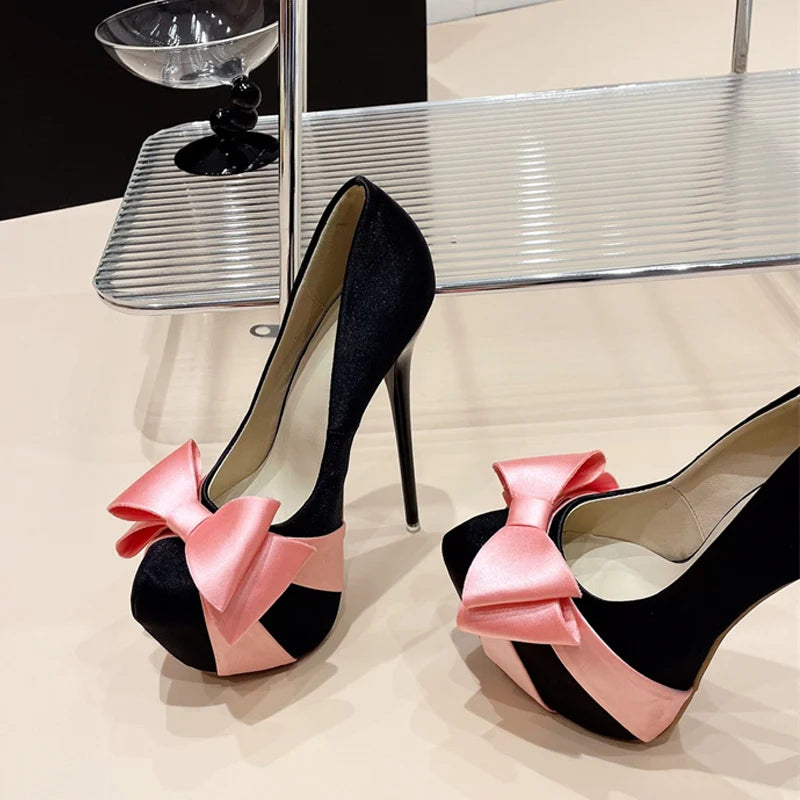 Fashion Design Bowknot Round Toe Platform Pumps Women Wedding Banquet Shoes