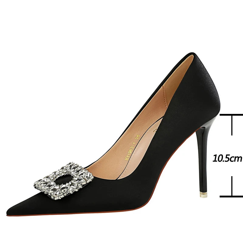 New Rhinestone Design Women Pumps Silks Satins High Heels Stilettos Wedding Shoes