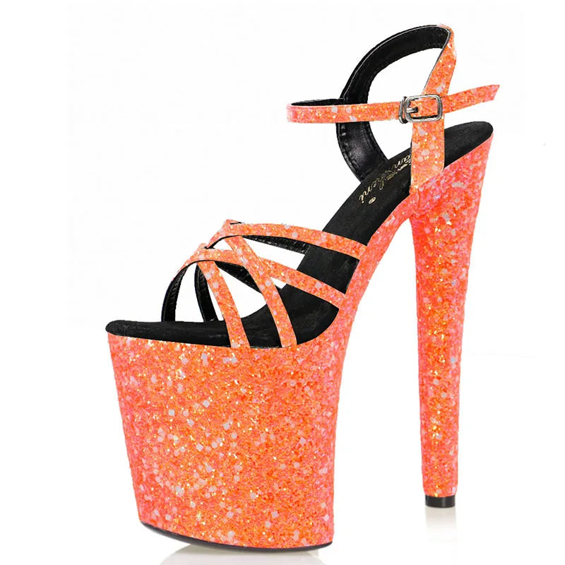 Peep Toe 20cm Thin High Heels Sequins Platform Sandals Exotic Dancer Women