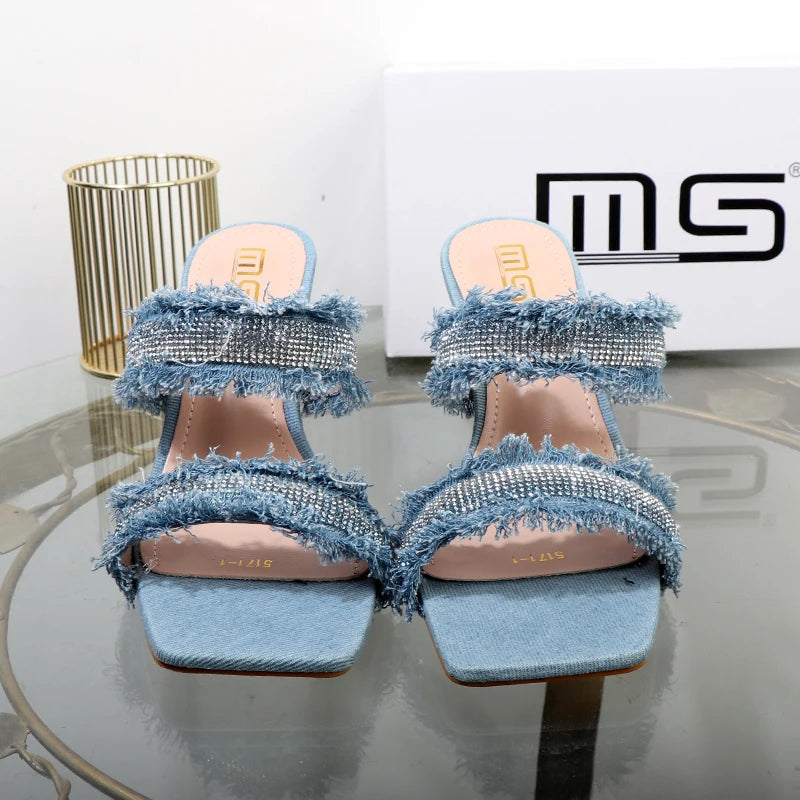 Denim women slippers  new rhinestone plush stiletto heels women