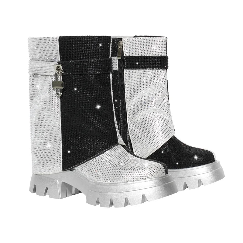 Fold Over Rhinestone Trim Boots Round Toe Handmade Female Side Zipper Mid-Calf Boots