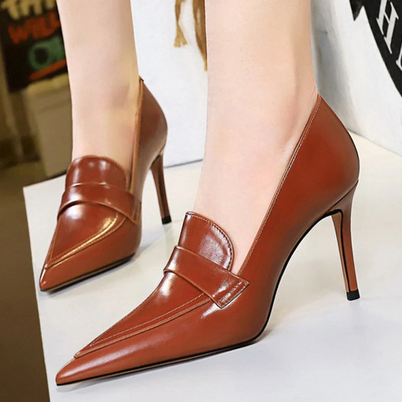 Retro Pointed Toe Women Pumps Leather Shoes High Heels Versatile Stilettos Elegant Women Heels