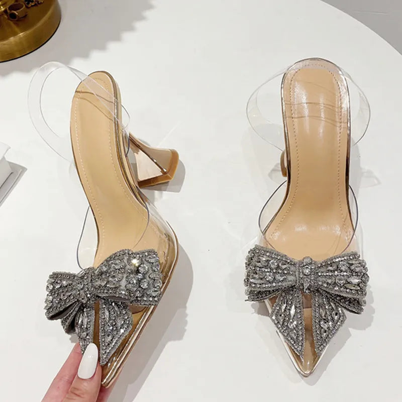 Fashion Crystal Sequined Bowknot Women Pumps Sexy Pointed Toe High Heels