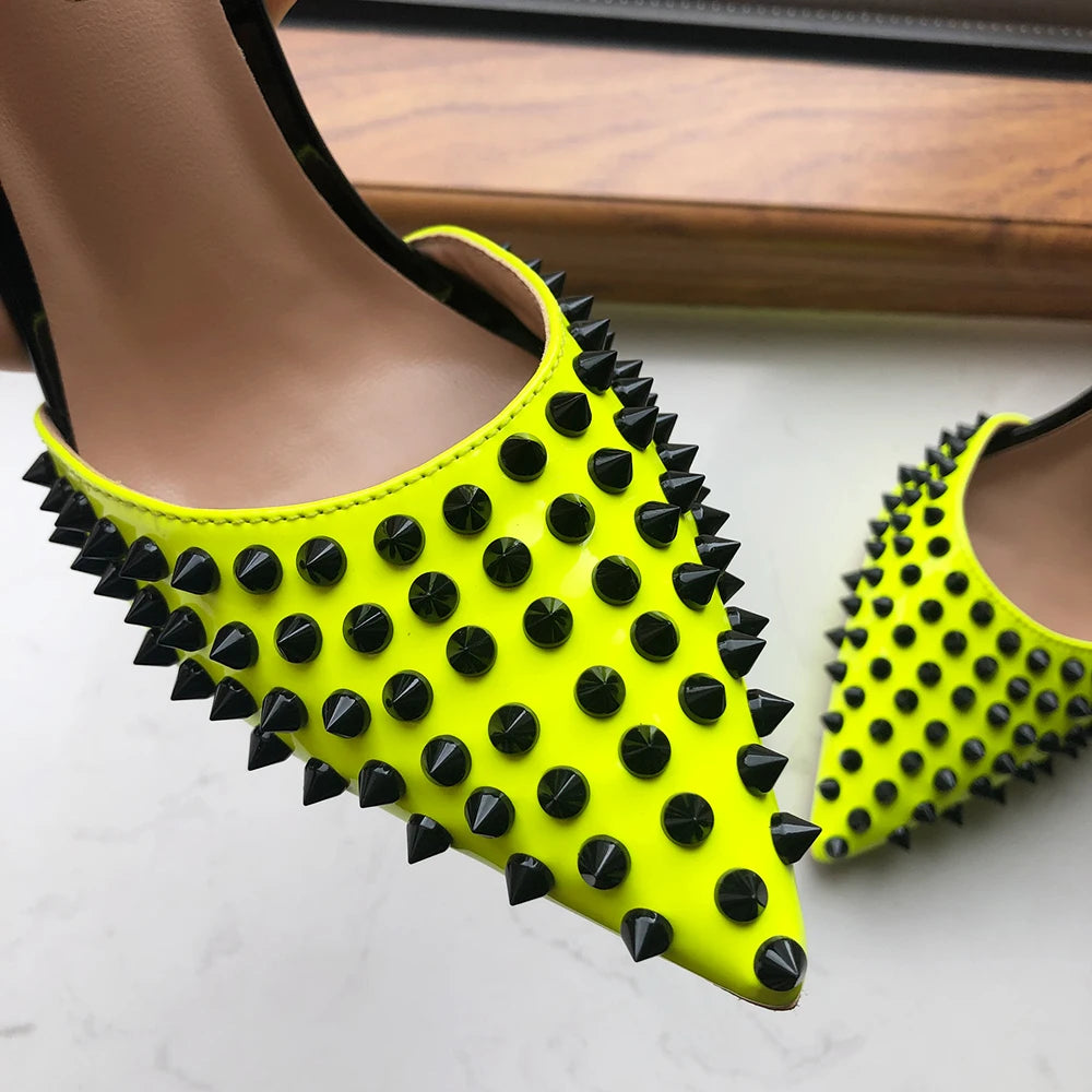 Black Spikes Lemon Green Women Sexy Ankle Strap Slingbacks High Heel Shoes