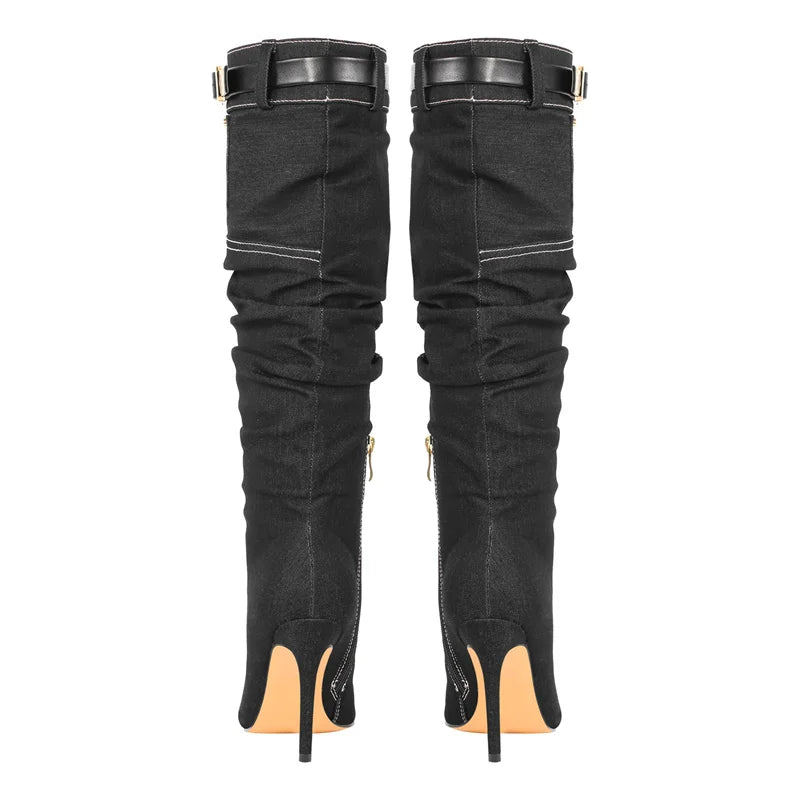 Pointed Toe Denim Knee High Boots Side Zipper Stiletto Fashion Thin Heel Boots