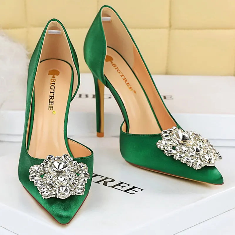 Luxury Women's High Heels Satin Rhinestone High Heels Banquet Shoes Stilettos Lady Heels