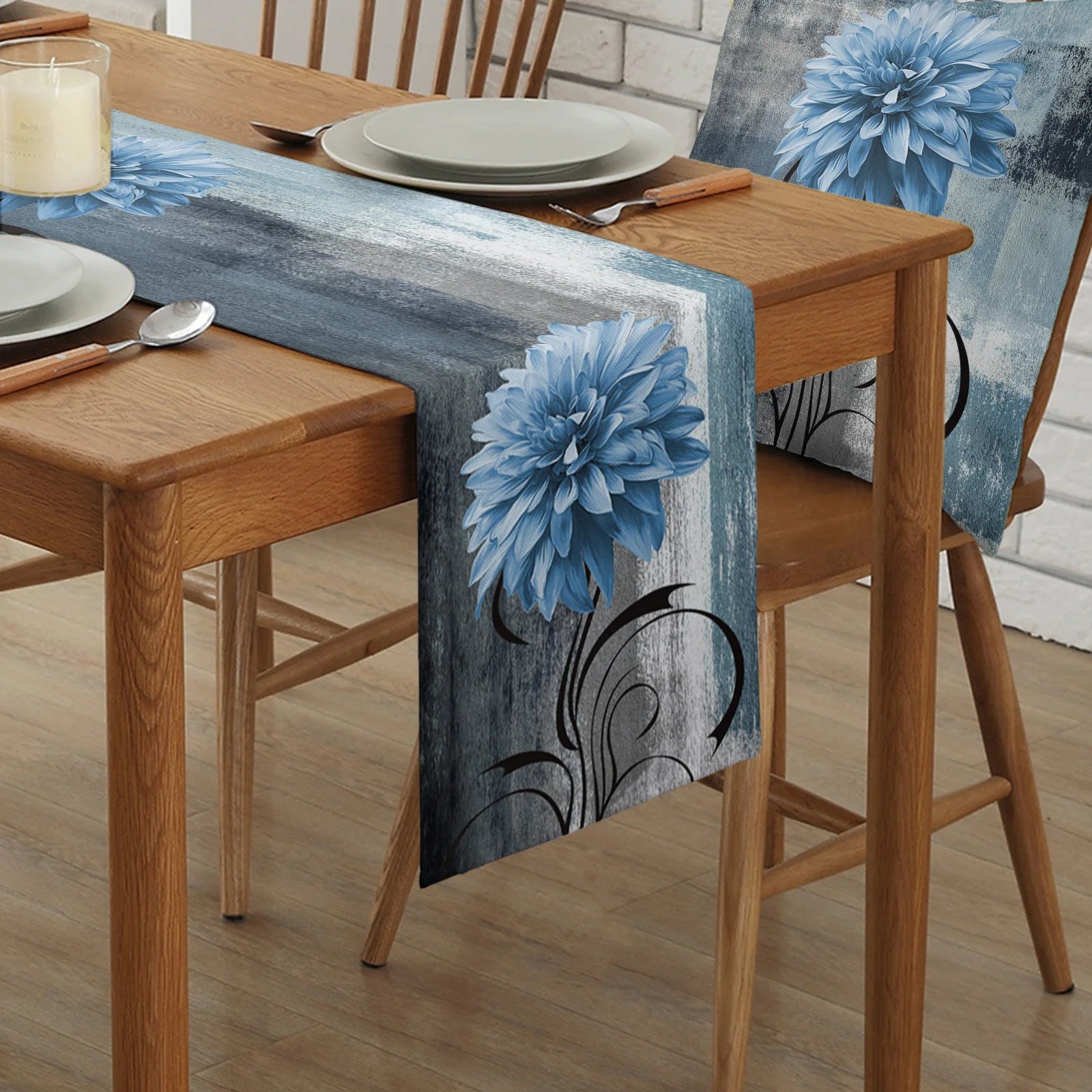Dahlia Oil Painting Blue Table Runner Decoration Home Decor