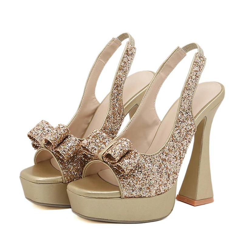 Glitter Sequined Bowknot  Pumps Sexy Peep Toe Back Strap Gold Sandals