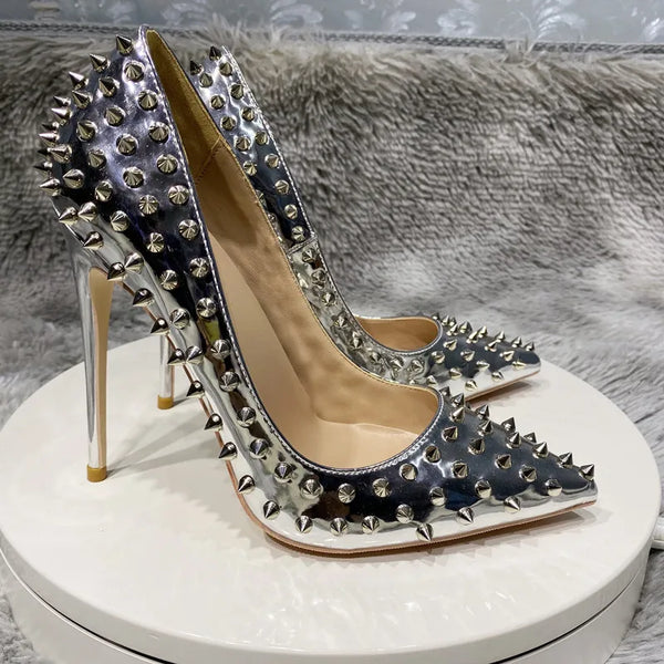 Full Spikes Women Glossy Silver Patent leather Pointy Toe High Heel