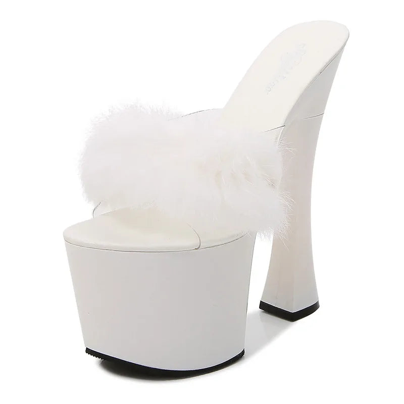 Summer Feather Shoes Woman Transparent Platform Slippers Ladies Wedding Show Sandals