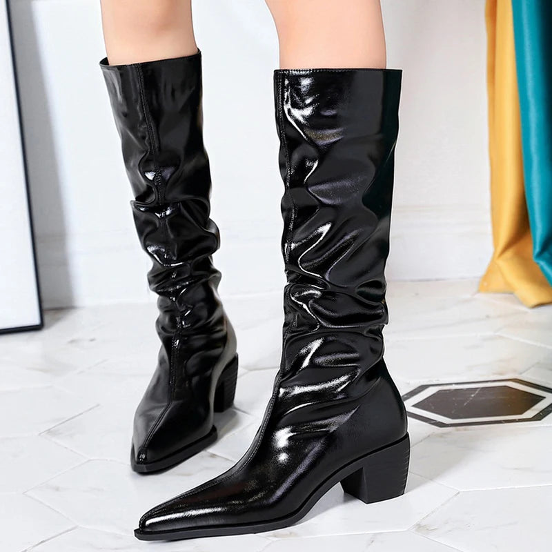 Patent Leather Women Knee-High Boots Thick Heel Women Boots New Winter Boots