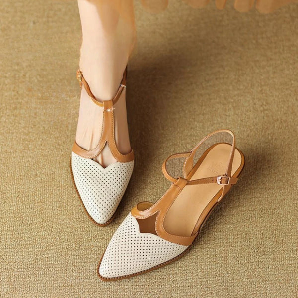 Women's cow leather mix color patchwork pointed toe ankle strap kitten heel sandals