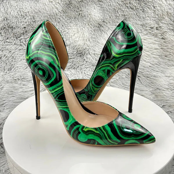 Green graffiti high heels Women Pointed Toe Inside Cut High Heel Shoes