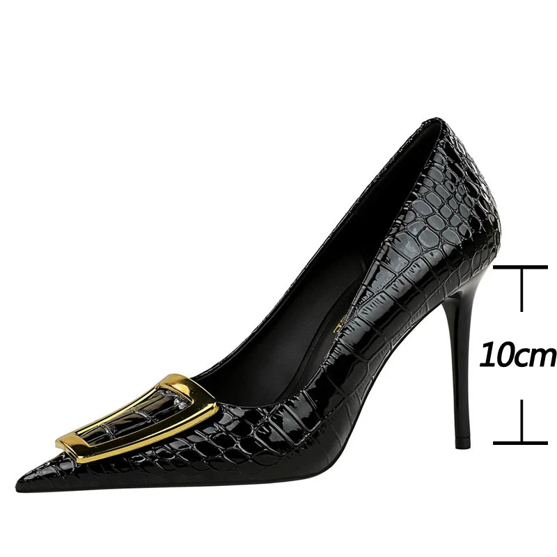 10 Cm Metal Buckle Ladies Pumps Luxury Women's Banquet Shoes Stilettos High Heels