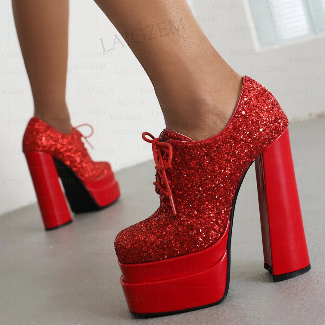 Bling Glitter Platfrom Lace Up Block Thick High Heels Female Shoes Woman