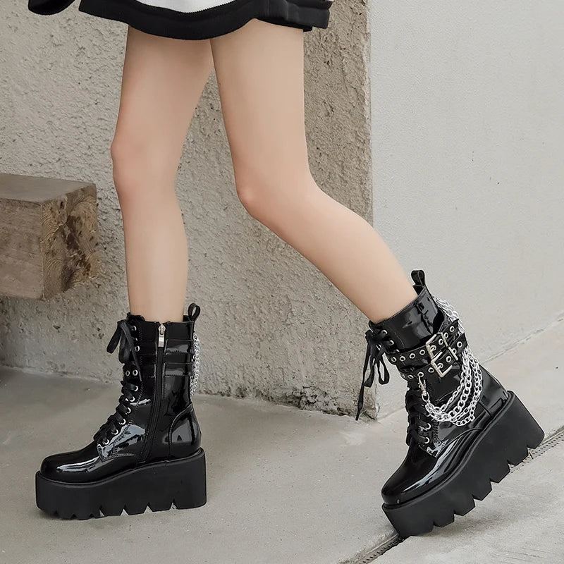 Fashion Nightclub Ankle Boot 7cm High-Heeled Plataform Ladies Rivet Chains Pumps