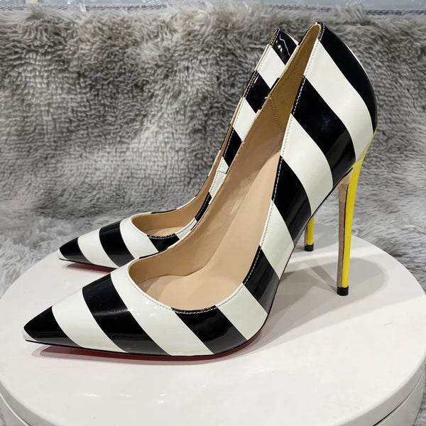 black and white Wide stripe sexy shoes  yellow high heels