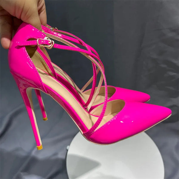 Glossy Rose Pink Women Cross Strap Pointy Toe High Heel Shoes