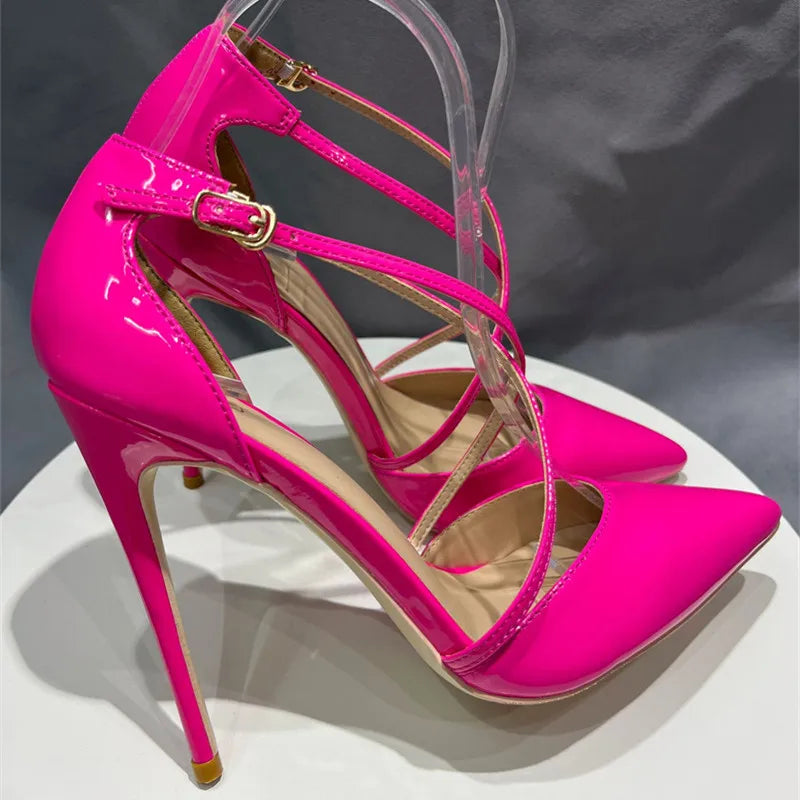 Glossy Rose Pink Women Cross Strap Pointy Toe High Heel Shoes