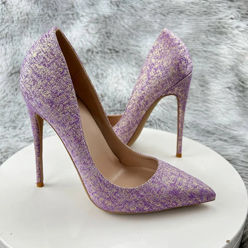 12cm Shoes Satin Women Pumps  New Purple High Heels