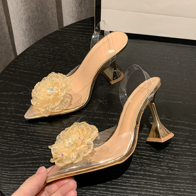 Fashion Crystal Flower Designer Sandals Women Pumps PVC Transparent High Heels