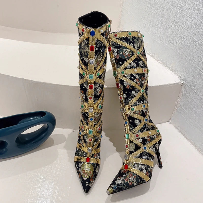 Runway Fashion Color Gem Knee High Boots Women