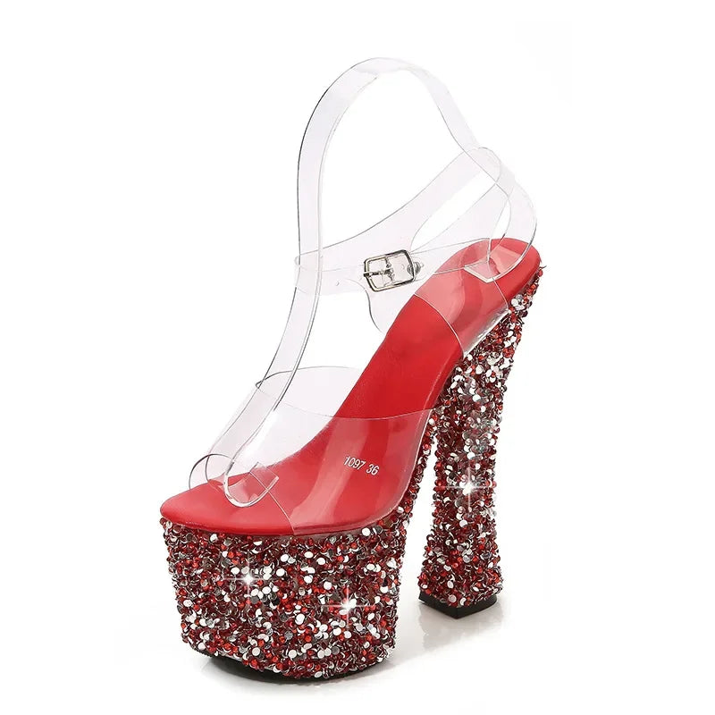 Summer Wedding Party Sandals Sequin Rhinestone Peep Toe Woman Shoes 17.5cm Thin High Heels