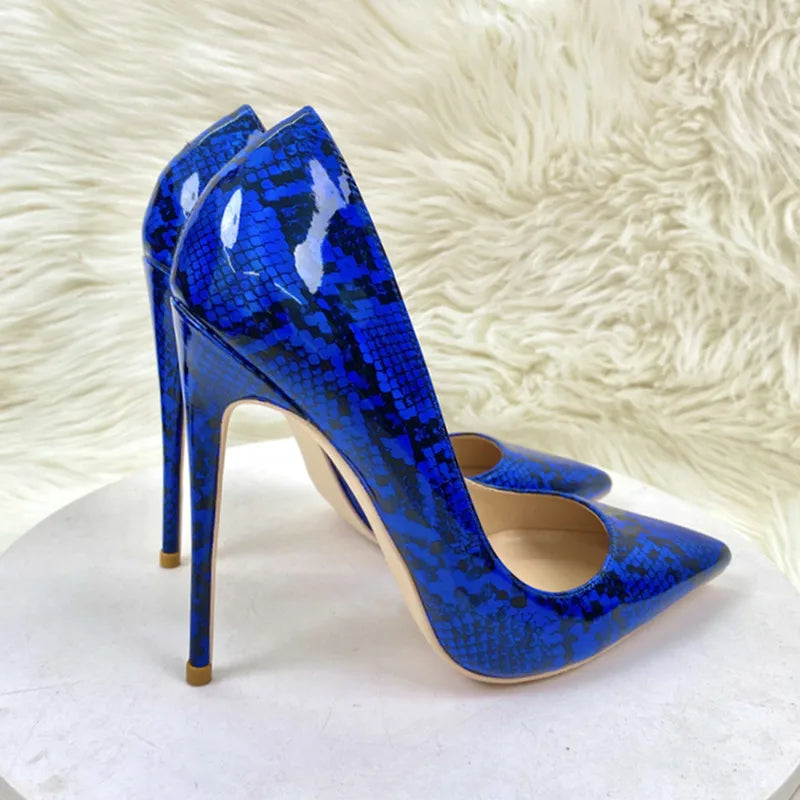 Glossy Royal Blue Snakeskin Women Pointy Toe High Heels Sexy Party Shoes