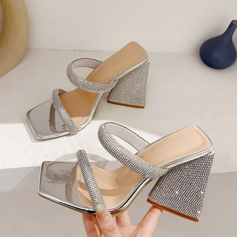 Runway Style Glitter Rhinestones Triangle Thick Heel Slippers