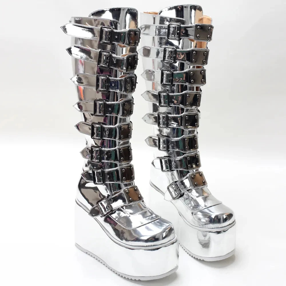 Punk Gothic Style Crystal Mirror 11cm High Platform Knight Cosplay Motorcycle Knee-High Boots