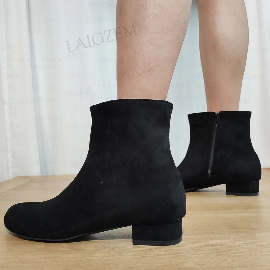 Faux Suede Round Toe Low Chunky Heels Side Zip Short Ankle Boots Shoes Woman