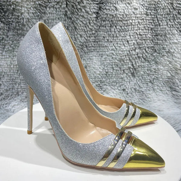 Women's shiny silver sequined high-heeled shoes,