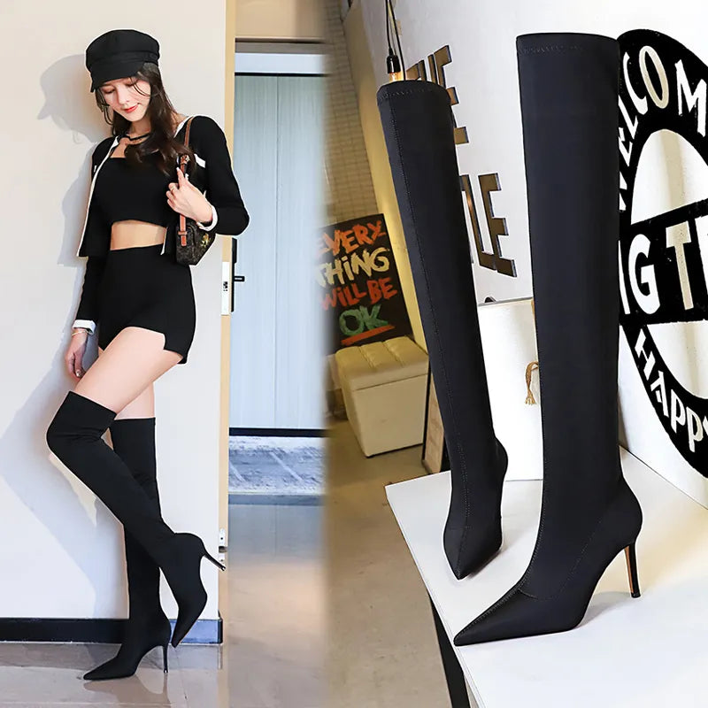 Women New Over-the-Knee Boots Pointed High-heeled Boots Satin Elastic Boots