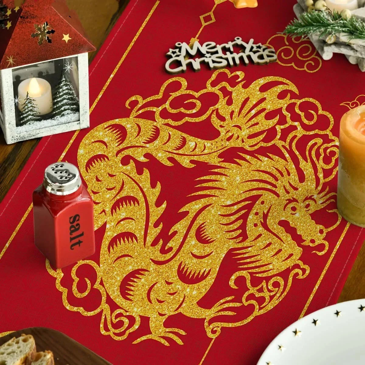 5PCS The Year of The Dragon Table Runner Placemats Combination Set