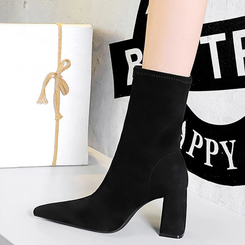 High Heel Boots Suede Women Ankle Boots Pointed Toe Socks Boots Thick Heel Women Shoes