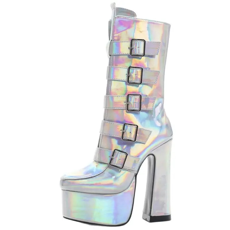 Mid-Calf Boots Holographic Color 15cm High Square Heel Platform Pointed toe Boots