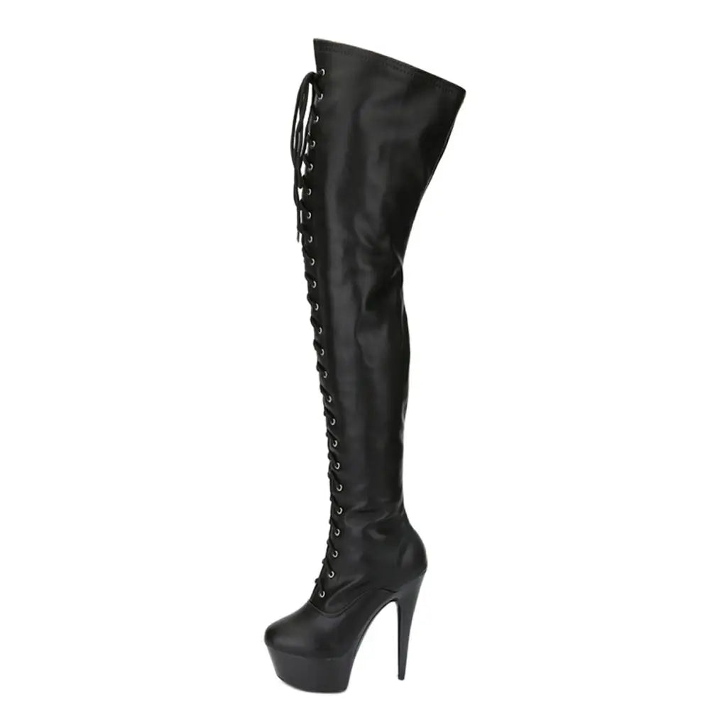 Women's Pole Dance Boots Over-The-Knee 15CM High-Heeled Cross-tied Side-Zip Thigh High Boots