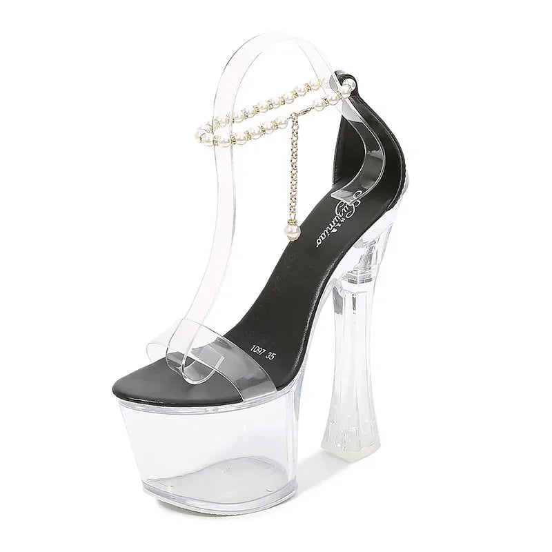 Women's Sandals Female Summer Car Model Shoes Woman Pearl Metal Chain Sexy 17cm