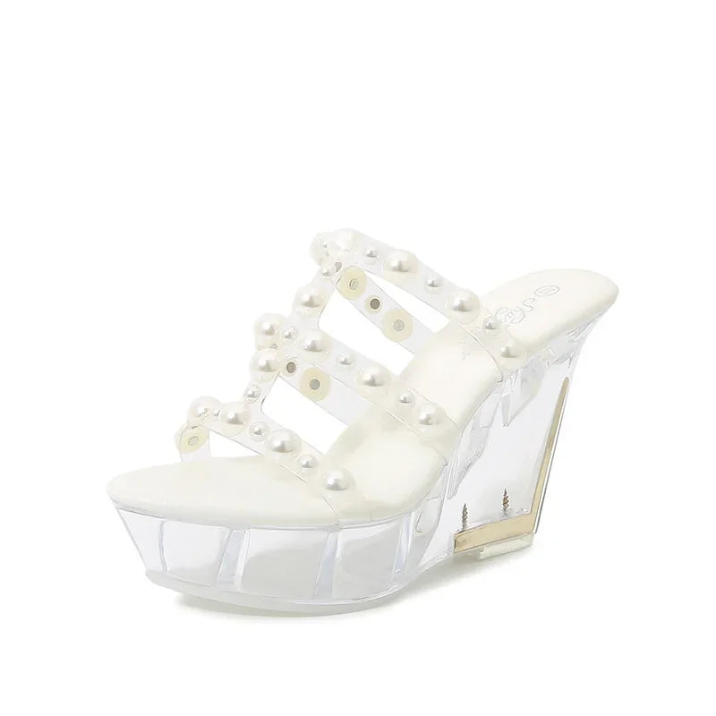 Plus Size Crystal PVC Sandals Gems Wedges Clear Platform Summer Party Shoes